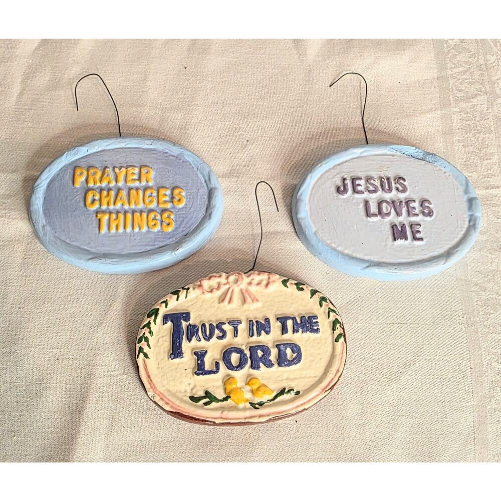 Set of 3 Vintage 1982 Hand Made & Painted Clay/Plaster Oval Shaped Ornaments